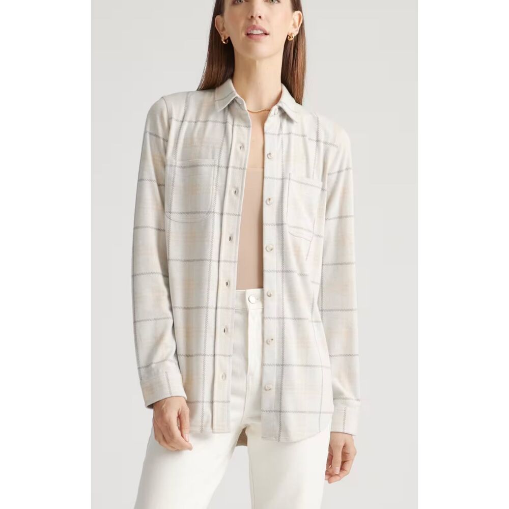 NWOT QUINCE Stretch Plaid Sweater Fleece Grey Long Sleeve Shirt Womens Medium